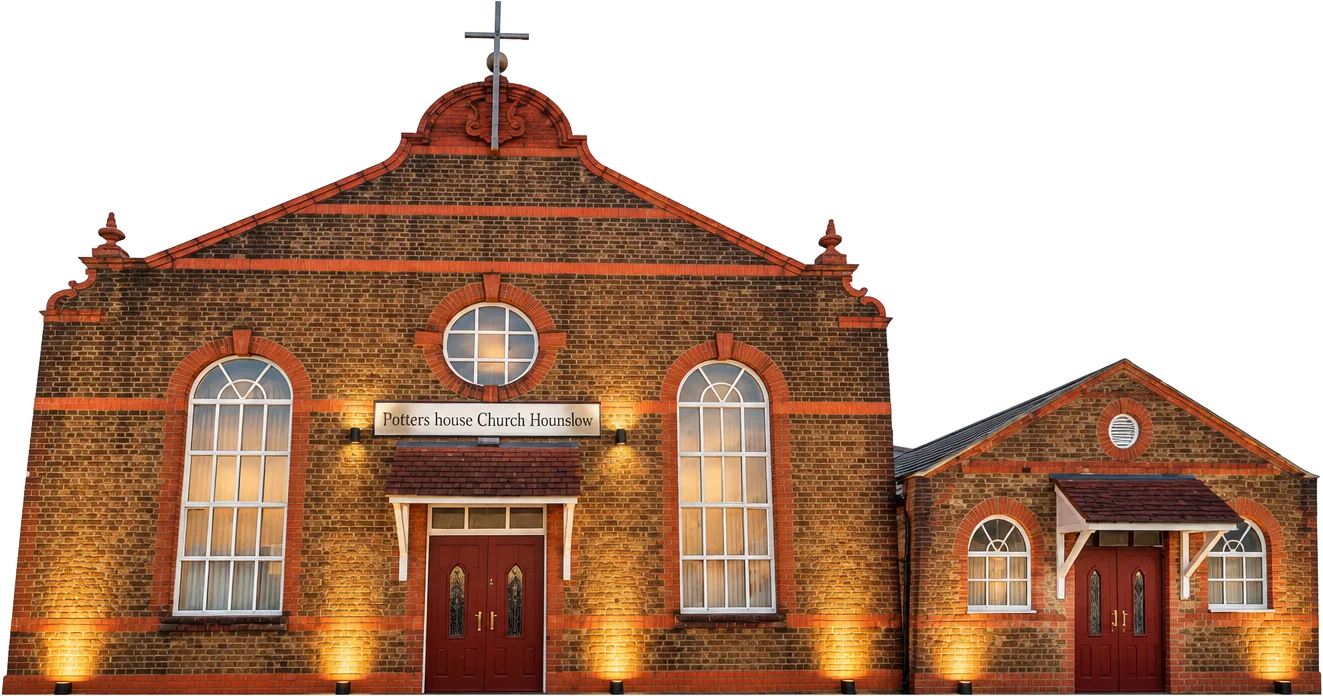 The red-brick church building on Cambridge Road, lit up at dusk, with the sign Potters House Church Hounslow above the door